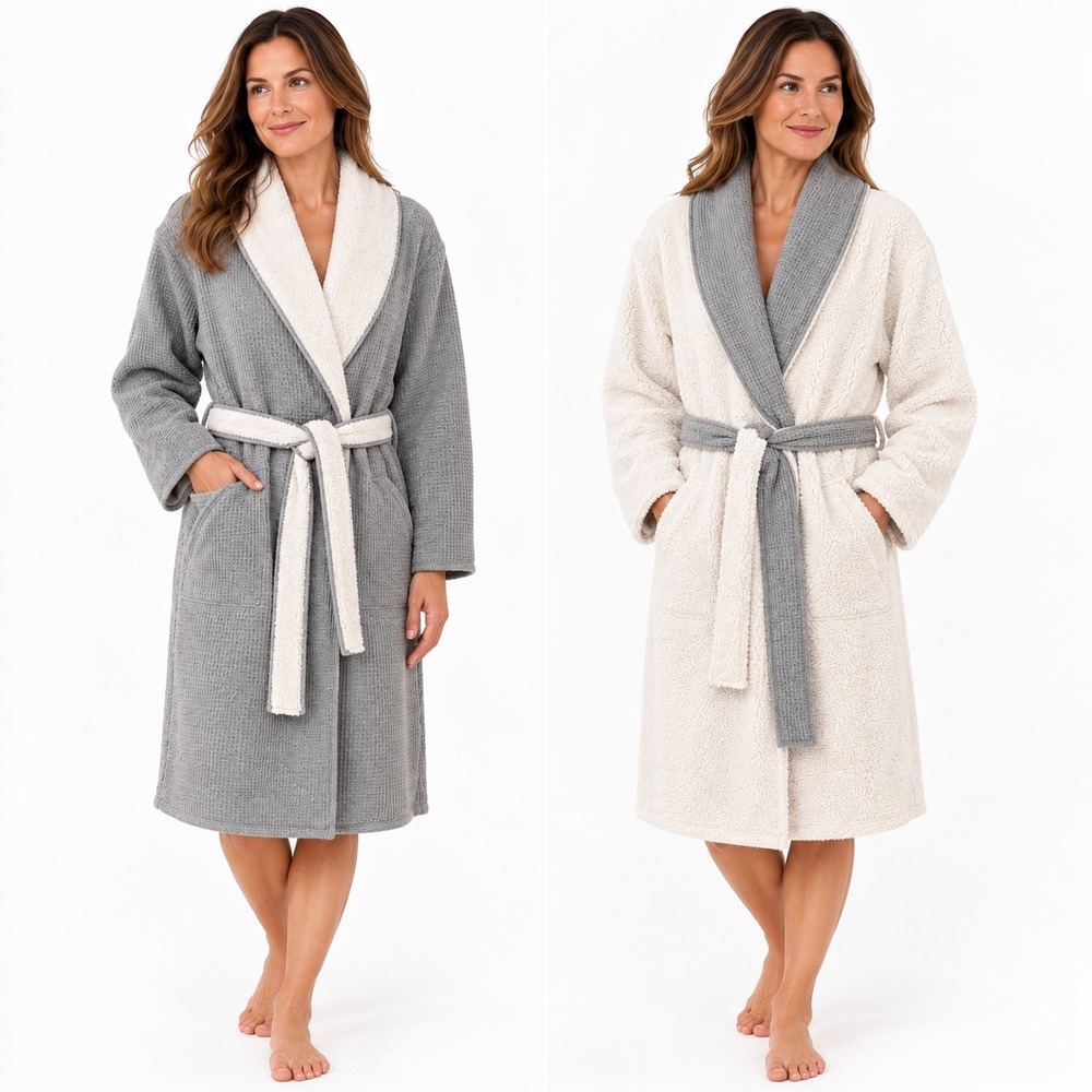 UGG Anabella Reversible Robe M Grey Waffle Cotton Sherpa Fleece Belted